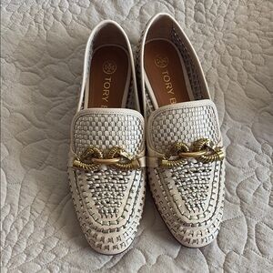 Tory Burch Cream and Gold Flats with Woven Design
